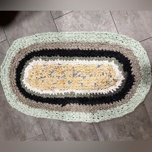 Handmade crocheted rug bathroom kitchen mat 20x34” oval repurposed recycled art